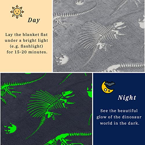 Glow in The Dark Blanket Dinosaur Blanket for Boys Kids Soft Cute Dino Blanket Christmas Toys Gifts Gray Glowing Dinosaur Blanket for Bed 90x90 inch