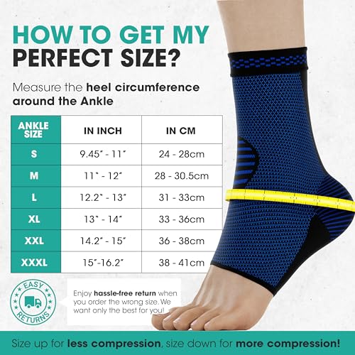 Modvel Ankle Brace for Women & Men - 1 Pair of Ankle Support Sleeve & Ankle Wrap - Compression Ankle Brace for Sprained Ankle, Achilles Tendonitis, Plantar Fasciitis, Injured Foot - Large, Blue/Black