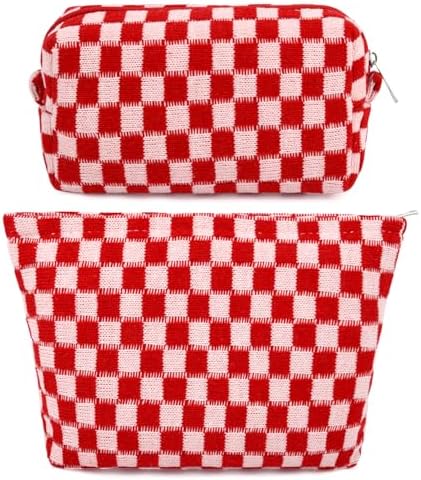 SOIDRAM 2 Pcs Checkered Makeup Bag Large Cosmetic Bag Toiletry Bag Makeup Pouch Travel Bag Organizer Cute Makeup Brushes Aesthetic Accessories Storage Bag for Women Red
