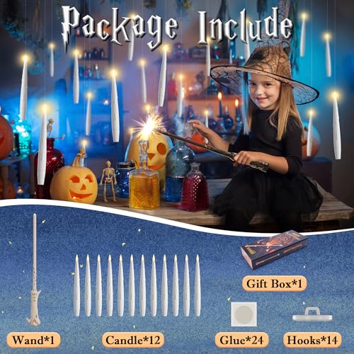JOIONE Floating Candles with Wand, 12 Pack Halloween Flameless Candles Magic Hanging Taper Candles with Wand Remote, Battery Operated Candles for Halloween Christmas Birthday Party Decor White