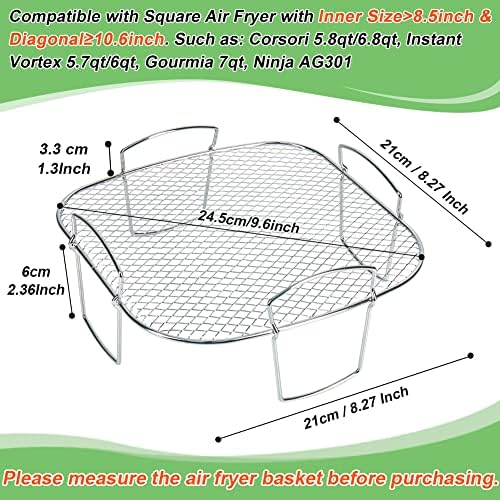 BYKITCHEN 8 Inch Square Air Fryer Rack, Stainless Steel Dehydrator Rack, Square Air Fryer Accessories for Cosori, Instant Vortex, Gourmia, Ninja Foodi Grill and More