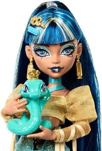 Monster High Cleo De Nile Doll in Golden Blouse & Layered Skirt, Includes Pet Cobra Hissette & Accessories Like a Backpack, Snack & Scroll