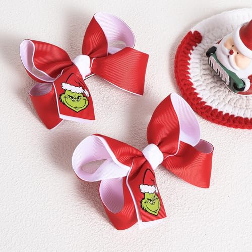 2pack Christmas Green Hair Bow Clips Red Hair Ribbon Barrettes Alligator Hairpin 4.3" for Women Girls Kids Xmas Holiday Dress up Party Costume Decorations Accessories Gift