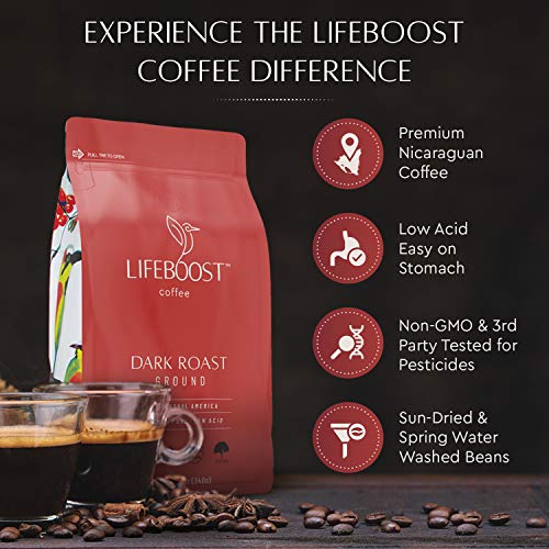 Lifeboost Coffee Dark Roast Ground Coffee - Low Acid Single Origin USDA Organic Coffee - Non-GMO Ground Coffee Beans Dark Roast Third Party Tested For Mycotoxins & Pesticides - 12 Ounces