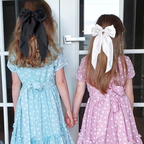 Silky Satin Hair Slides with Metal Clips - 4 Pieces Ribbon Barrettes, Large Bows, and Long Tail Accessories for Women and Girls (Black, White)