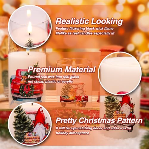 Eywamage Red Truck Glass Christmas Flameless Candles with Remote, Flickering Battery Operated LED Pillar Candles Set of 3