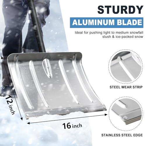 Snow Shovel for Driveway, Heavy Duty Aluminum Snow Removal Shovel - 67" Long Handle Ergonomic Metal Snow Push Shovel, Portable for Car Trunk Home Garage Backyard Walkway Parking