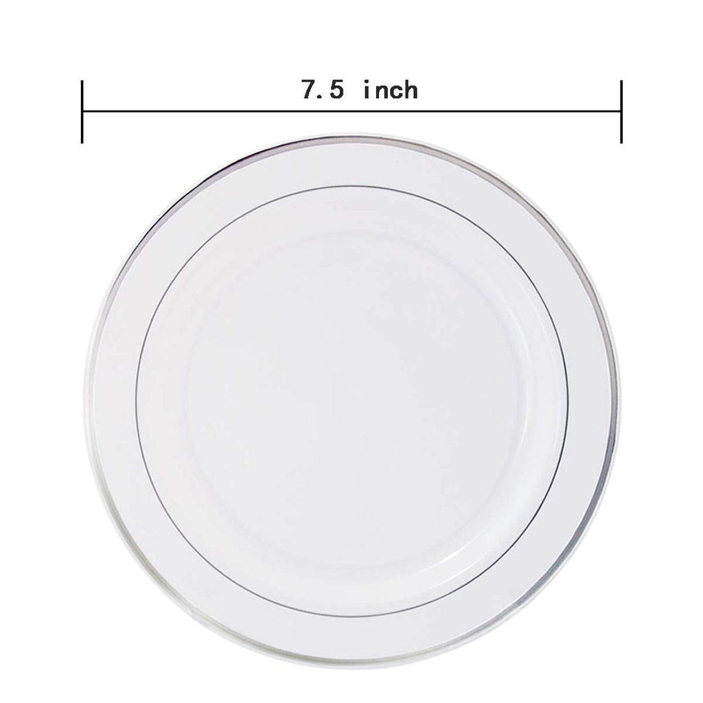 WELLIFE 144 Pieces Silver Plastic Dessert Plates, 7.5 inch Disposable Salad Plates, Premium White Appetizer Plates with Silver Rim, Ideal for Party, Wedding