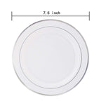 WELLIFE 144 Pieces Silver Plastic Dessert Plates, 7.5 inch Disposable Salad Plates, Premium White Appetizer Plates with Silver Rim, Ideal for Party, Wedding