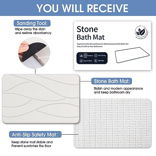 Veeloim Stone Bath Mat Diatomaceous Earth Bath Mat Non-Slip Super Absorbent Stone Bath Mats for Bathroom Quick Drying Diatomite Stone Shower Mat Large Natural Easy to Clean(23.6×15.4" White)
