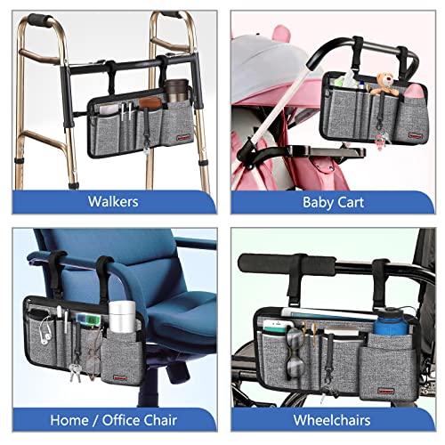 FINPAC Wheelchair Side Storage Bag w/Cup Holder, Wheelchair Armrest Accessories Pouch with Pen Slot and Reflective Strips for Power Wheelchairs, Walkers, Rollators, Seniors (Gray)
