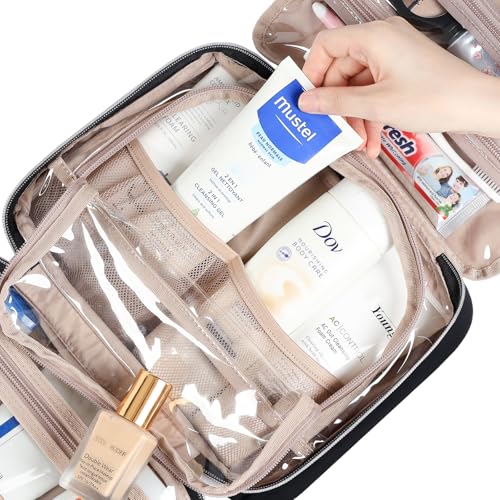 NISHEL Travel Toiletry Bag for women, Portable Hanging Organizer for Travel-Sized Shampoo, Conditioner, Brushes Set, makeup Accessories, Medium Size, Black