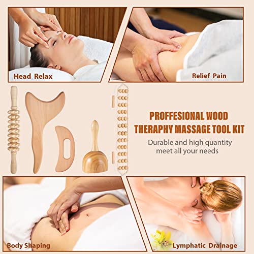 YMM 5-in-1 Wood Therapy Massage Tools for Body Shaping, Professional Lymphatic Drainage Massager, Maderoterapia Kit, Anti Cellulite Massage Roller Body Sculpting Tools Set (Utility Type)