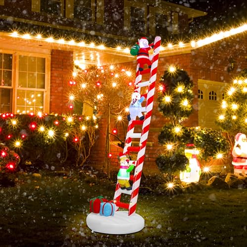 Joliyoou 10FT Christmas Inflatable Decorations, Giant Lighted Ladder Blowups Climbed with Reindeer, Santa, Snowman, C7 String Lights for Xmas Winter Holiday Roofs Trees Balconies Decor