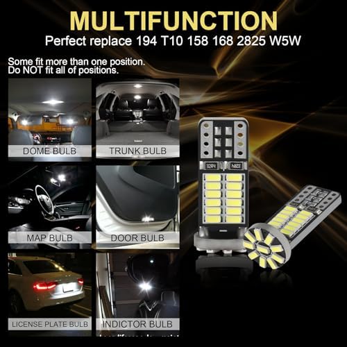 10 Pieces 194 LED Bulb Super Bright 6500K T10 168 2825 W5W 34-SMD 3014 Chipsets Replacement Bulbs for Car Trunk Interior Dome Map Door Dash Courtesy License Plate Lights - Xenon White