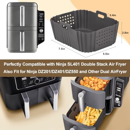 BYKITCHEN Silicone Air Fryer Liners for Ninja SL401 Double Stack 2 Basket Airfryer, Reusable Rectangle Perforated Silicone Liners for Dual Airfryer, Ninja DoubleStack XL Air Fryer Accessories