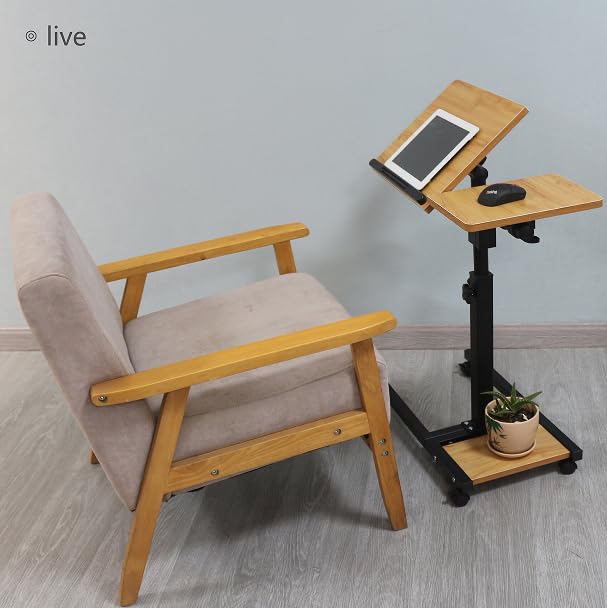 LINGMI Mobile Height Adjustable Laptop Desk with Mouse Pad, Portable Laptop Desk Rolling Tiltable Table with Small Side Table for Couch,Rolling Computer Stand (Natural Color)