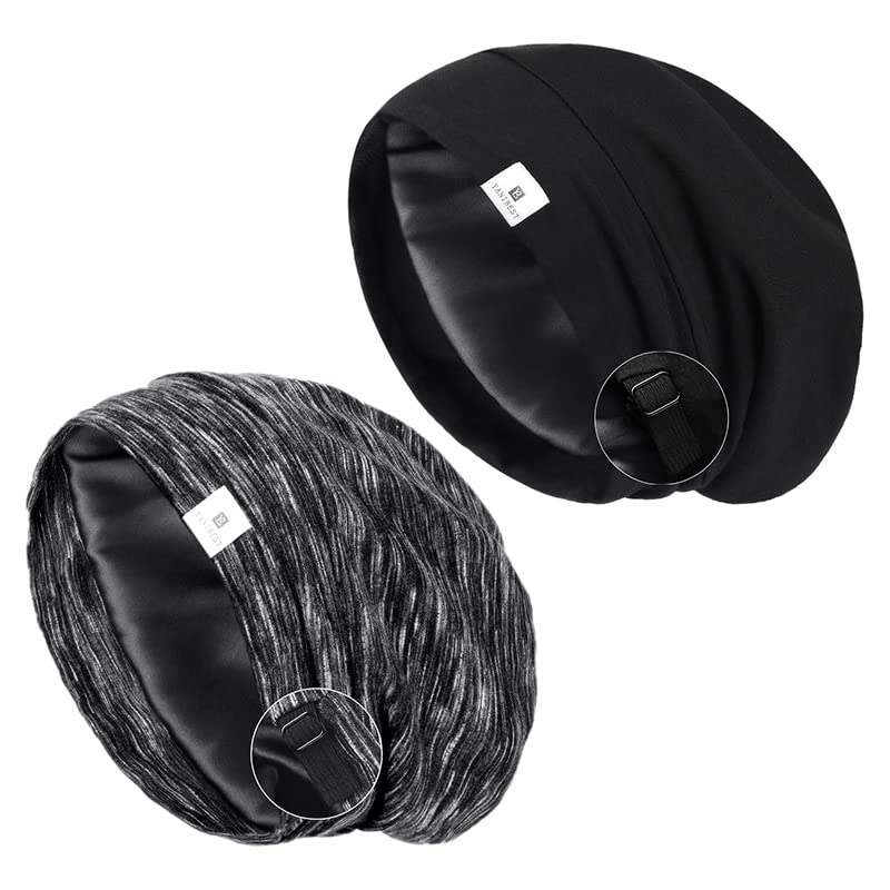 YANIBEST 2 Pcs Silk Bonnet Satin Bonnet Hair Bonnet for Sleeping - Adjustable Saty on Satin Lined Slouchy Beanie Hat for Women