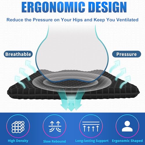 Helishy Gel Wheelchair Seat Cushion for Long Sitting, Extra Large & Thick Seat Cushion with Non-Slip Cover - Coccyx, Sciatica & Back Pain Relief - Wheelchair Cushions - Office Chair Car Seat Cushion