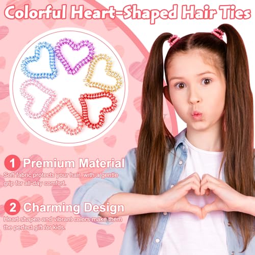 Class Valentines Day Gifts for Kids Girls with 24 Pack Heart Hair Ties Hair Bands with Girls Valentines Cards School Valentines Hair Accessories for Classroom Exchange