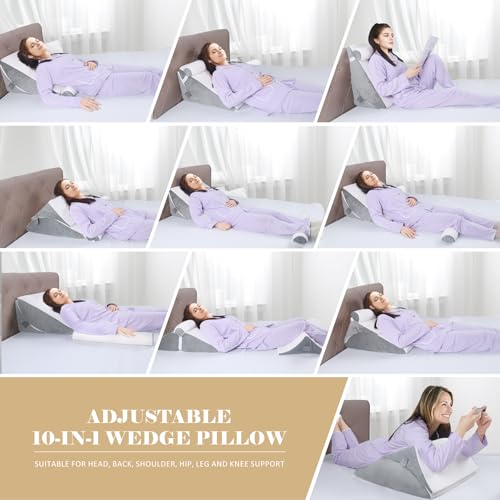 BEYOUDO Bed Wedge Pillow for Sleeping, Adjustable Wedge Pillow Set for After Surgery, Elevated Triangle Pillow for Back Pain Relief, Acid Reflux, Leg Support, White/Gray
