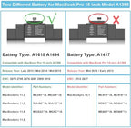 A1398 Battery Replacement, A1618 A1494 Battery for MacBook Pro 15 inch Mid 2015 Mid 2014 Late 2013 Version EMC 2910 2909 2881 2876 2745 2674 Capacity 11.36V 99.5Wh 8755mAh