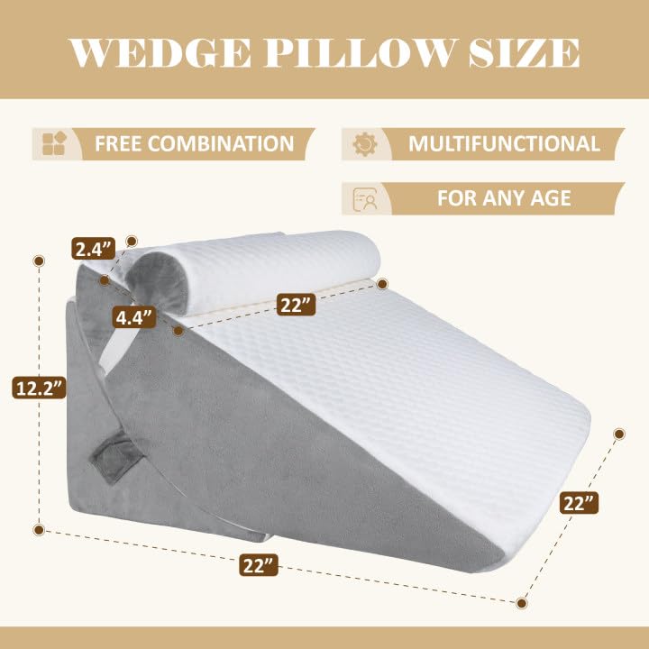 BEYOUDO Bed Wedge Pillow for Sleeping, Adjustable Wedge Pillow Set for After Surgery, Elevated Triangle Pillow for Back Pain Relief, Acid Reflux, Leg Support, White/Gray