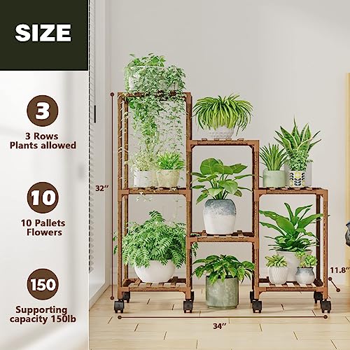 Bamworld Plant Stand with Wheels for Indoor Plants Wood Outdoor Tiered Shelf 3 Tire 7 Potted Ladder Plant Holder Table Pot Stand for Window Garden Balcony Patio Living Room (natureDL)