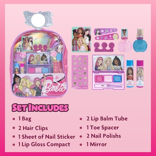 Barbie Makeup Filled Backpack Set, Including Lip Balm, Nail Polish, Nail File, Hair Bows, and Other Accessories, Ages 3+ for Parties, Sleepovers and Makeovers, By Townley Girl