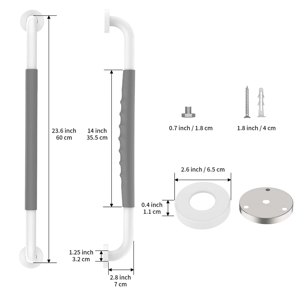 24 Inch Anti Slip Shower Grab Bar, Munzong White Stainless Steel Bathroom Grab Bar w/Gray Rubber Grip, Bathroom Balance Bar,Safety Handrail Support,Handicap Elderly Senior Assist Bath Handle