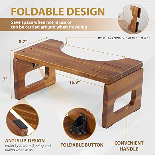 BLUEWEST Foldable Toilet Stool, Acacia Wood Poop Stool for Potty Training, 7 Inch Collapsible Bathroom Stool, Folding Stool for Adults with Non-Slip