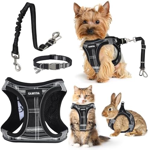 GAMUDA Dog Harness, Collar and Seat Belt Set, Vehicle Safety Harness, Retractable Adjustable Pet Seatbelts with Travel Strap and Carabiner for Most Cars (Black, L)