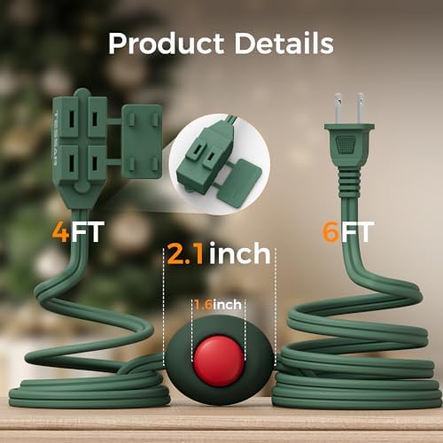 Foot Pedal Switch, TESSAN Extension Cord with ON/Off Switch, 3 Outlet,10FT, Push Button Extension Cord 1250W, Suitable for Lamps Appliances and Lighting Accessories, Christmas Tree Floor Lamp