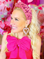 MOLOCH Pink Heart Headband for Women Rhinestone Conversation Love Heart Headbands Crystal Knotted Bejeweled Wide Velvet Fashion Hairband Valentines Day Country Concert Hair Accessories