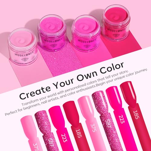 Modelones Dip Powder Nail Kit, 4 Colors Valentine's Day Hot Pink Glitter Dipping Starter Set with Liquid and Complete Accessories for French Nails Art Salon DIY at Home Manicure