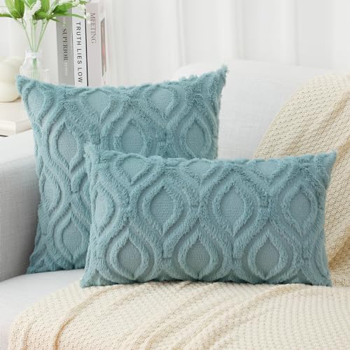 decorUhome Christmas Decorative Throw Pillow Covers 18x18, Soft Plush Faux Wool Couch Pillow Covers for Home, Set of 2, Aqua