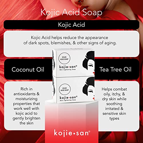 Kojie San Skin Brightening Soap - Original Kojic Acid Soap that Reduces Dark Spots, Hyperpigmentation, & Scars with Coconut & Tea Tree Oil- 135g x 4 Bars