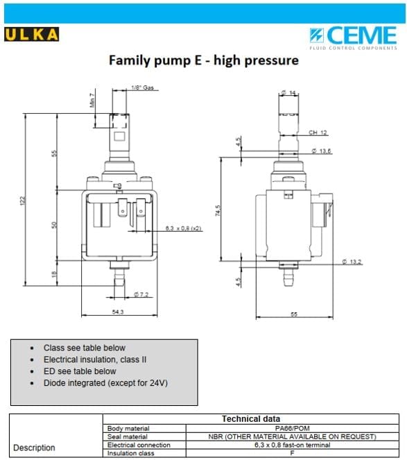 ULKA Pump Compatible with Breville Delonghi Gaggia Rocket Rancilio Expobar Espresso Machine Solenoid Vibratory Water Pump Replacement-120v 60Hz 52W 15 Bar-Model Type EFP5