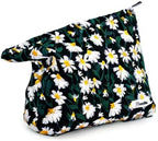 Makeup Bag Cosmetic bag Preppy Canvas Embroidery Toiletry Bag for women Cute zipper pouch Organizer Travel accessories (Little Daisy-Black, Large)
