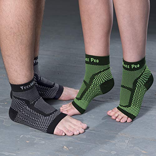 TechWare Pro Ankle Brace Compression Sleeve - Relieves Achilles Tendonitis, Joint Pain. Plantar Fasciitis Foot Sock with Arch Support Reduces Swelling & Heel Spur Pain. (Black/Green, S/M)