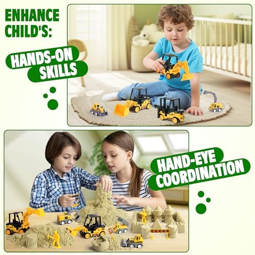 Sand Construction Kit with A Big Foldable Sandbox and 2.2lbs Magic Sand, Truck Sand Construction Toys Including Castle Molds and Other Accessories 36Pcs Total, Play Sand Art Set for Kids 3+