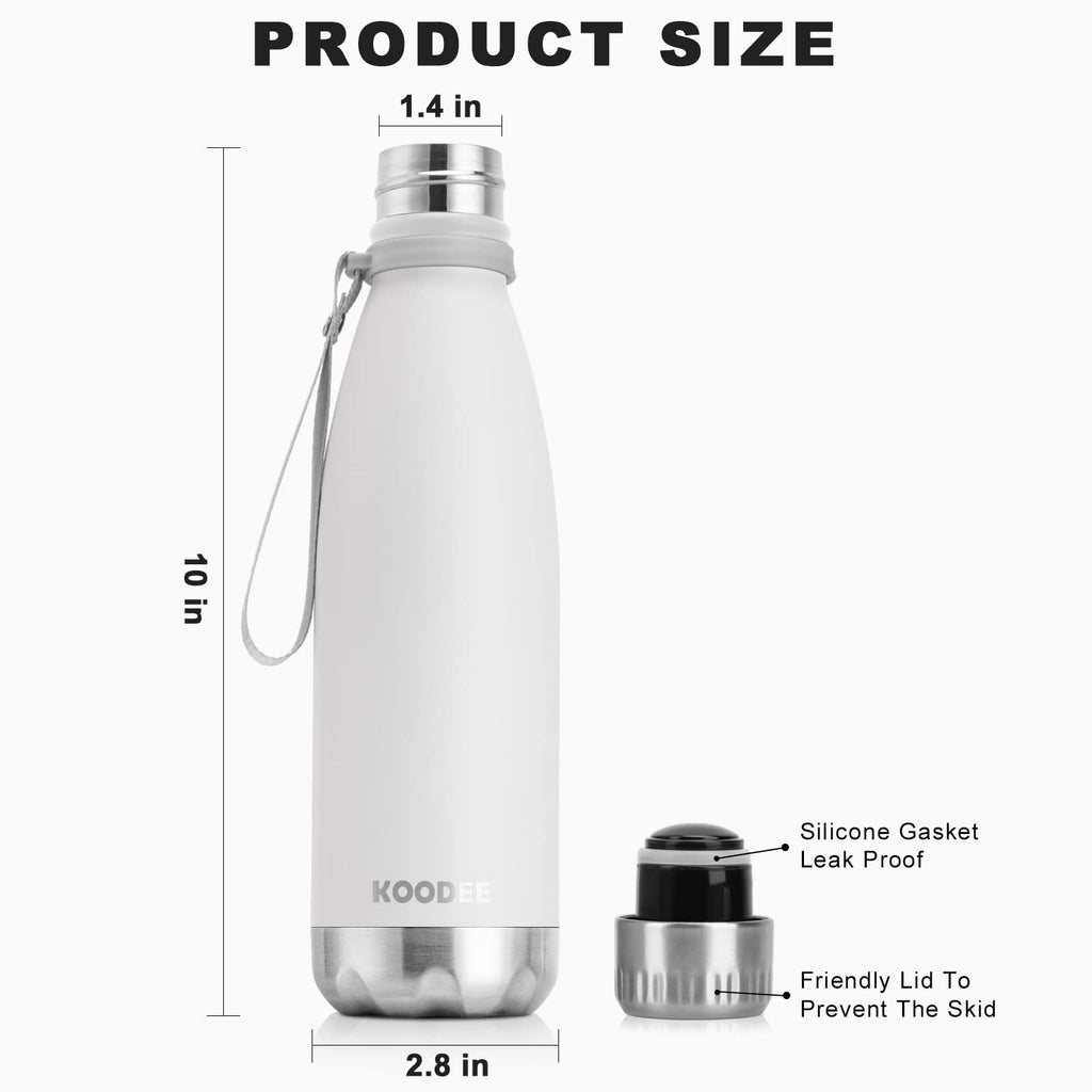 koodee Water Bottle-17 oz Stainless Steel Double Wall Vacuum Insulated Water Bottle for Back to School, Cola Shape Leak Proof Sports Bottle for School(White)