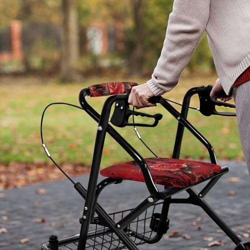 Seat Cover for Walkers for Seniors Red Rose Walker Seat Covers for Ladies Floral Rollator Walker Accessories for Seniors Adjustable Fabric Rollator Walker Seat and Backrest Covers