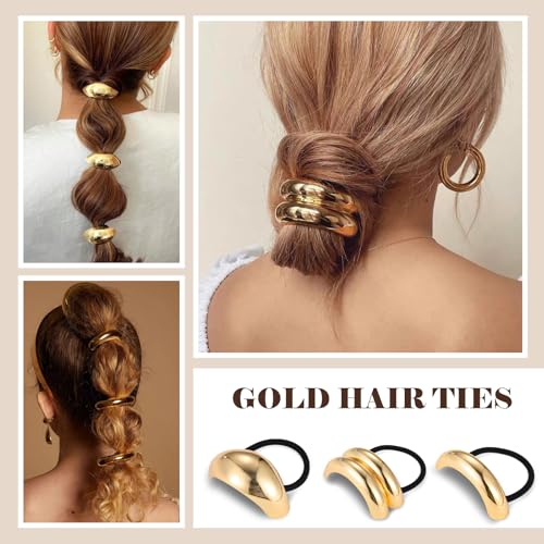 papasgix Metal Hair Ties, Metal Geometric Elastic Hair Ties, Hair Cuff Wrap Hair Ties for Thick Hair Elastic Hair Ties for Women Hair Accessories (Gold+Silver-1)