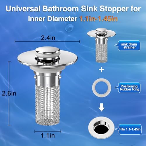 Bathroom Sink Stopper Hair Catcher, Pop-up Sink Drain Strainer with Removable Stainless Steel Strainer Basket Hair Catcher, Bathroom Sink Strainer for Bathroom Sink Stopper Replacement. (2PCS)