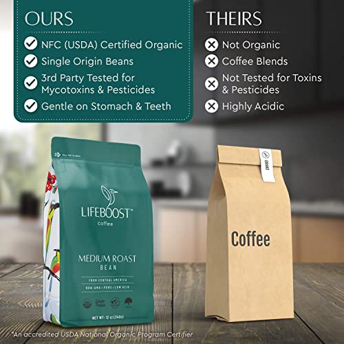 Lifeboost Coffee 3 Pack Medium Roast Whole Bean Coffee - Low Acid Single Origin USDA Organic Coffee - Non-GMO Whole Beans Coffee Third Party Tested For Mycotoxins & Pesticides - 12 Ounces