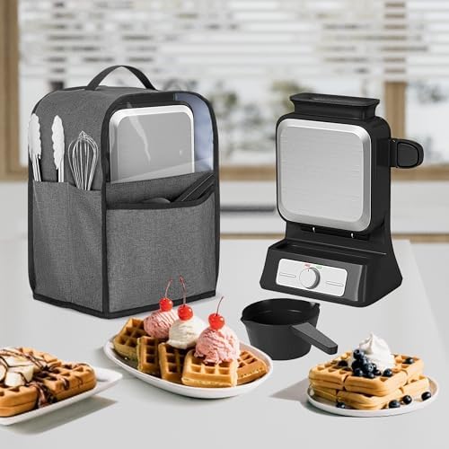 Yarwo Visible Dust Cover Compatible with Ninja BW1001 Belgian Waffle Maker PRO NeverStick, Protective Cover with Top Handle and Pockets Fits Waffle Iron, Pour Cup, Tongs or Other Kitchen Accessories