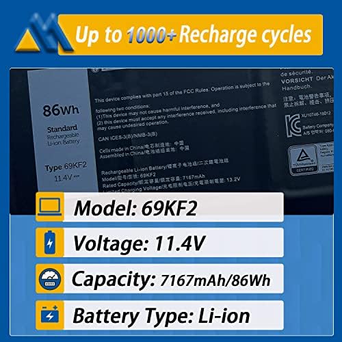 69KF2 6-Cell 86Wh Battery Replacement for Dell XPS 15 9500 9510 9520 G15 5510 5511 5515 5520 5521 Precision G5 G7 G16 M15 R3 R4 R5 R6 R7 M17 R3 R4 Inspiron 7510 7610 7620 P87F P91F 8FCTC 11.4V