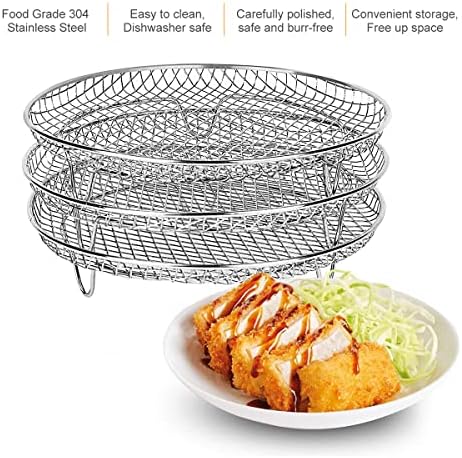 8 inch Round Air Fryer Racks 3 Layers Stackable Dehydrator Rack, 304 Stainless Steel Bacon Air Fryer Accessories for Ninja, Oven, Double Drawer Basket Grill Rack, Ninja Foodi Grill (A)