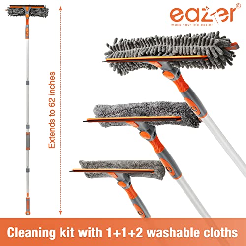 eazer Squeegee Window Cleaner Tool 2 in 1 Rotatable Window Cleaning Squeegee Kit with Extension Pole, 62'' Telescopic Window Washing Kit, Bendable Head for Home Car Glass - 4 Pads